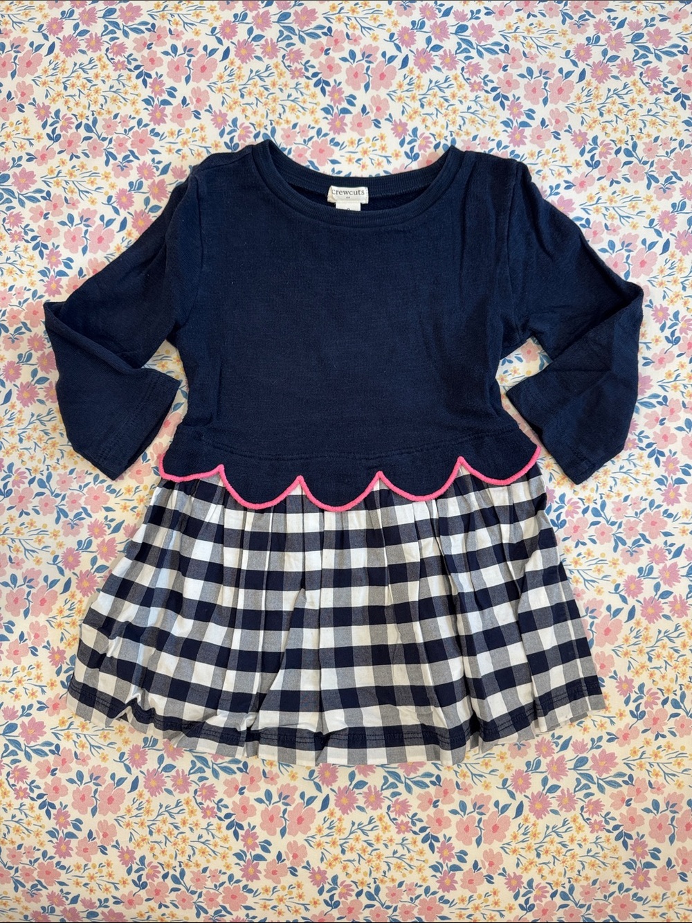 Navy Top & Gingham Skirt Dress with Pink Scallop Trim